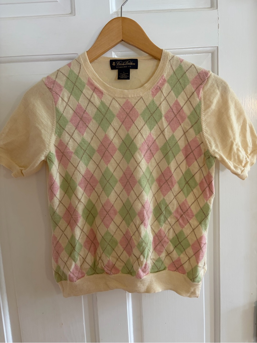 Brooks Brothers Kids Wool Large Cream Pink Green Argyle Short-Sleeve Sweater